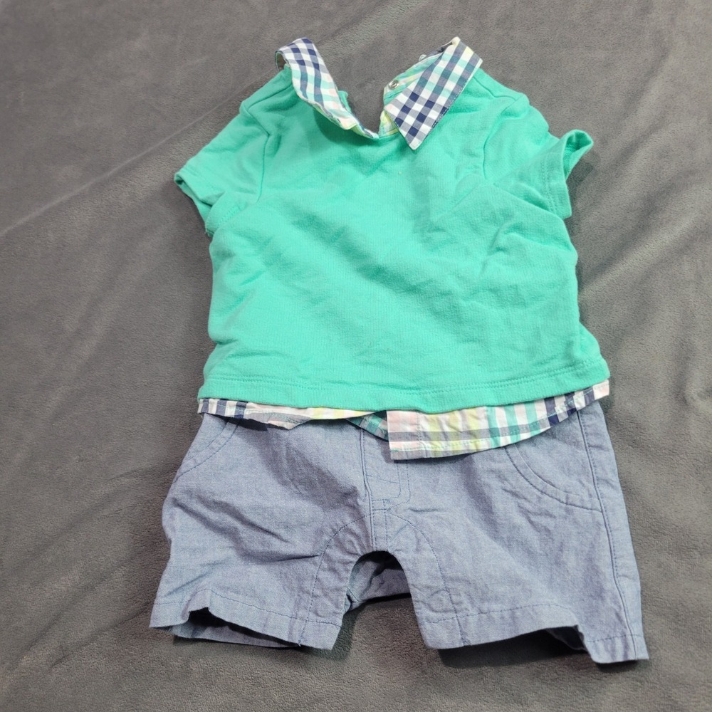 Cat & Jack Baby Boy Set Mint Green Plaid Layered Polo Chambray‎ Shorts 6-9 Month